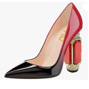 FSJ Red Black Bridal Pointed Toe Chunky High Heel Crystal Pumps Wedding Shoes
